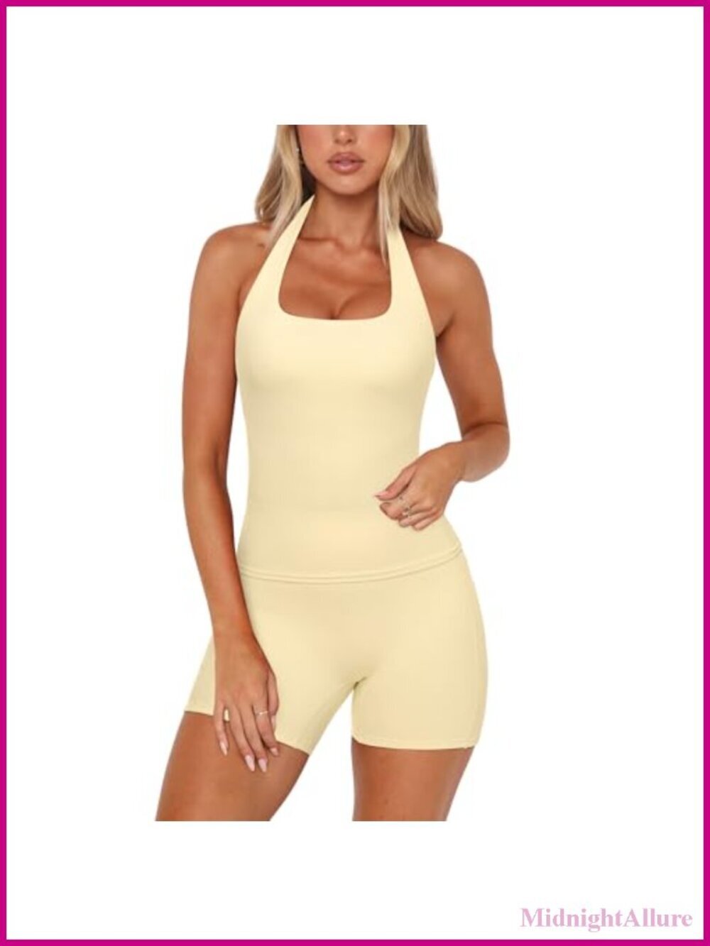 2 Piece Workout Set Halter Tank High Waisted Biker Shorts Pockets